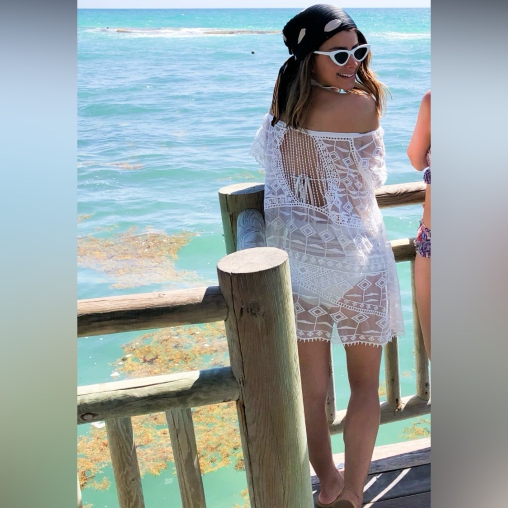 Off the shoulder sheer white cover up
